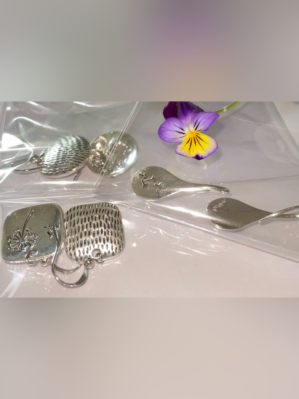 Silver Dandelion Puffs Stamped Drop Earrings- Women's Jewelry- Sold Separately